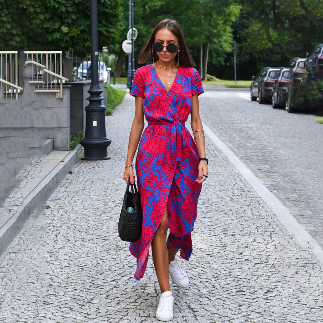 DEBORAH | SHORT-SLEEVE FLORAL WRAP MIDI DRESS