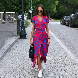 DEBORAH | SHORT-SLEEVE FLORAL WRAP MIDI DRESS
