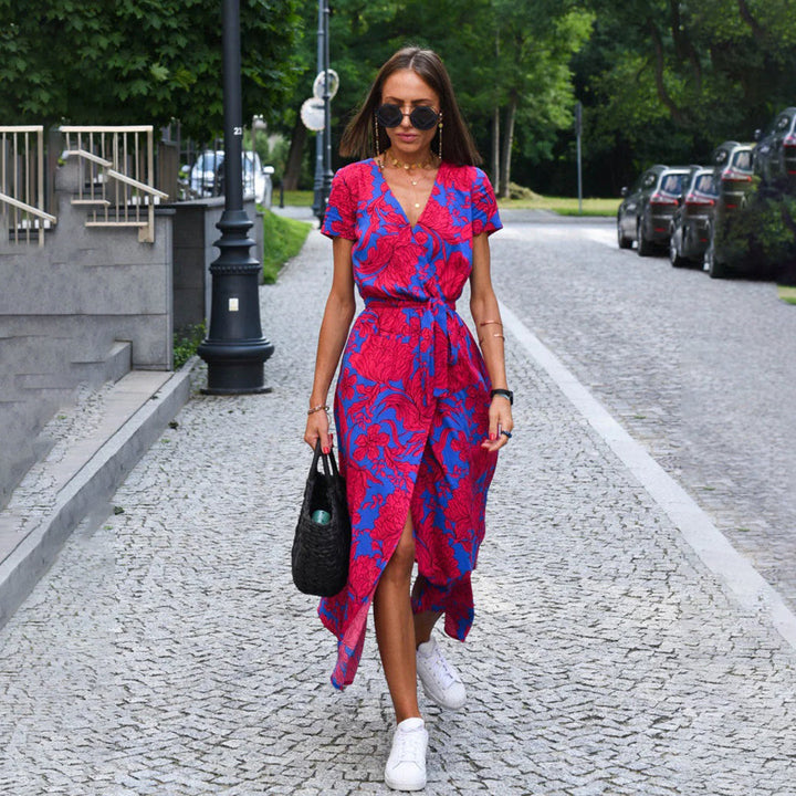 DEBORAH | SHORT-SLEEVE FLORAL WRAP MIDI DRESS