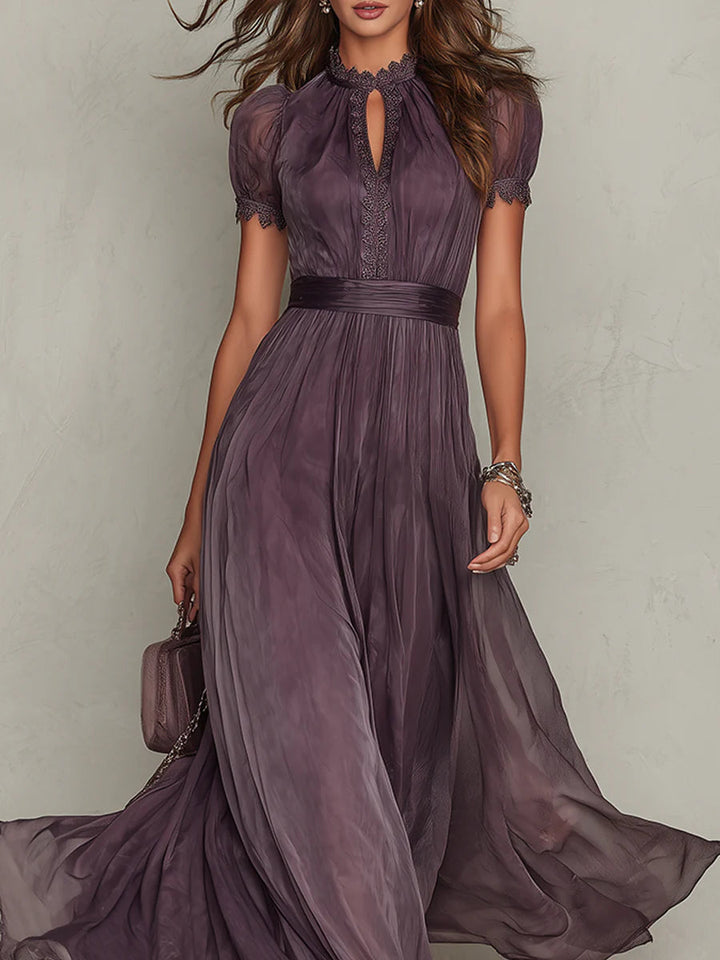 SOPHIE | LONG PURPLE DROP-NECK DRESS WITH CHIFFON LACE TRIM