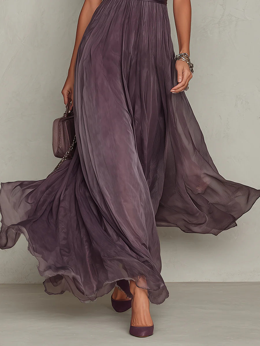 SOPHIE | LONG PURPLE DROP-NECK DRESS WITH CHIFFON LACE TRIM