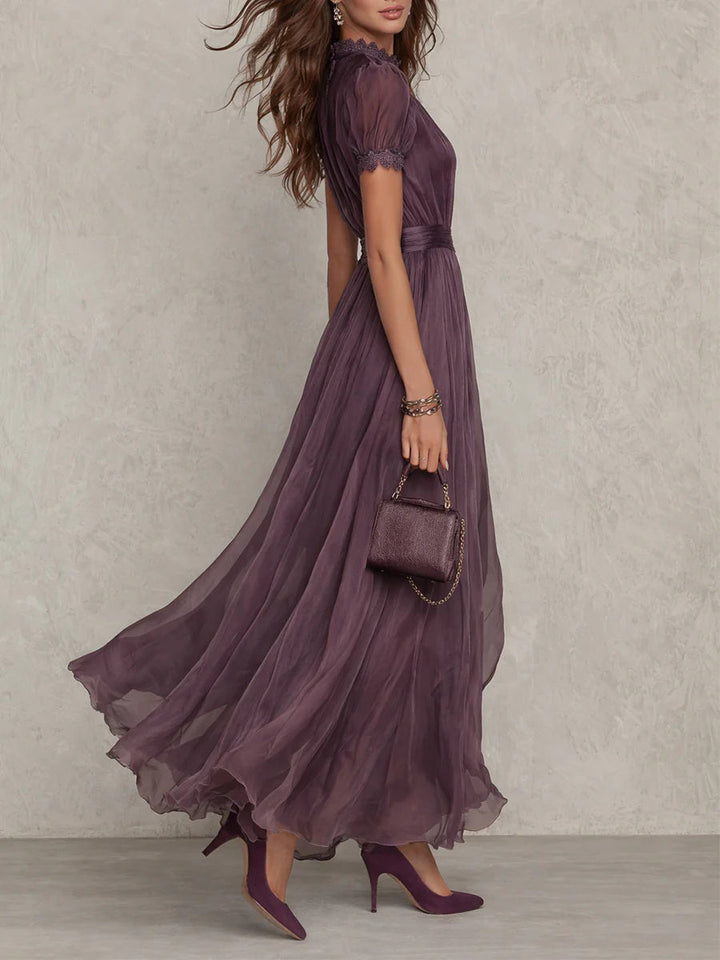 SOPHIE | LONG PURPLE DROP-NECK DRESS WITH CHIFFON LACE TRIM