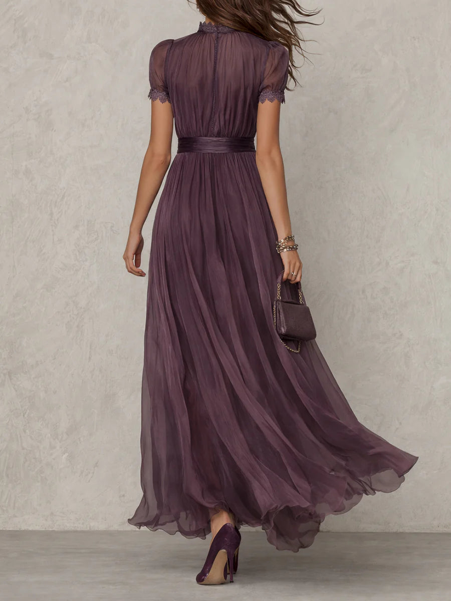 SOPHIE | LONG PURPLE DROP-NECK DRESS WITH CHIFFON LACE TRIM