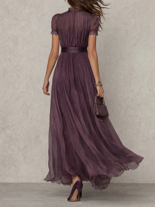 SOPHIE | LONG PURPLE DROP-NECK DRESS WITH CHIFFON LACE TRIM