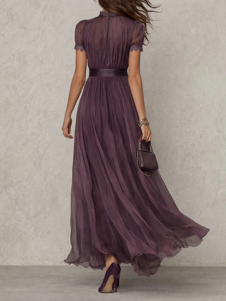 SOPHIE | LONG PURPLE DROP-NECK DRESS WITH CHIFFON LACE TRIM