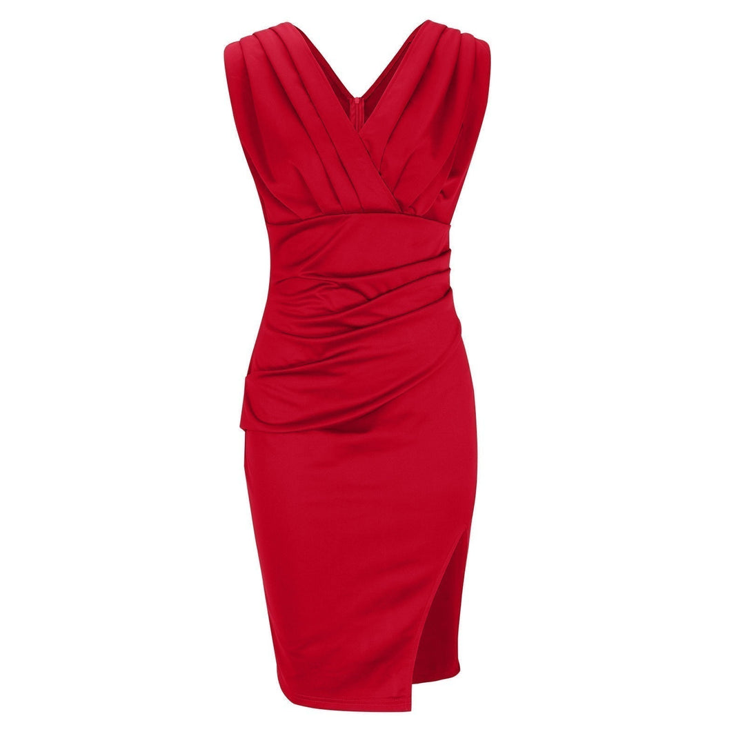 LORETTA | SLEEVELESS V-NECK RUCHED MIDI DRESS WITH SLIT
