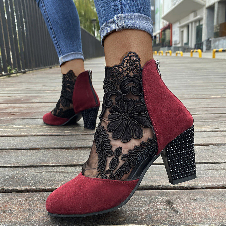 MARILYN | LACE EMBROIDERED BLOCK HEEL ANKLE BOOTS