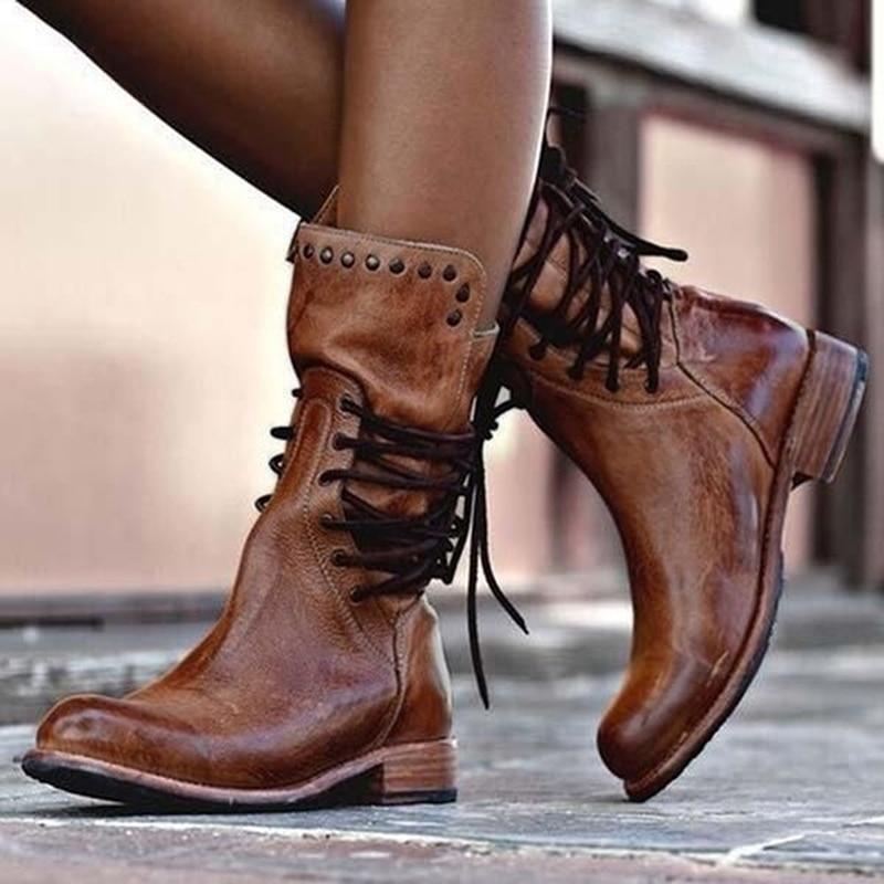 JOAN | VINTAGE LACE-UP STUDDED MID-CALF BOOTS