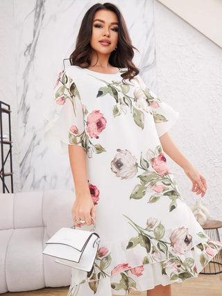 LEANNE | FLORAL CHIFFON SHORT SLEEVE DRESS WITH RUFFLE HEM