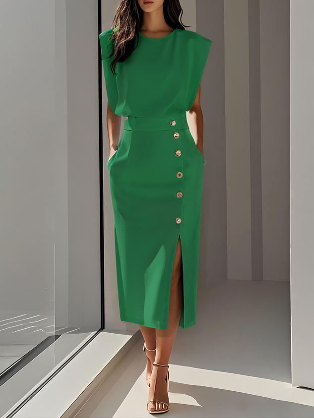 GENEVIEVE | PADDED SHOULDER BUTTON DETAIL MIDI DRESS WITH SLIT