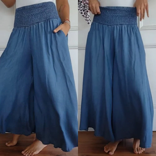 BLYTHE | WIDE-LEG HIGH-WAIST SMOCKED DENIM TROUSERS
