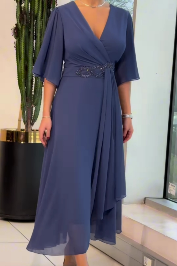 MARGUERITE | ELEGANT LONG V-NECK CHIFFON DRESS