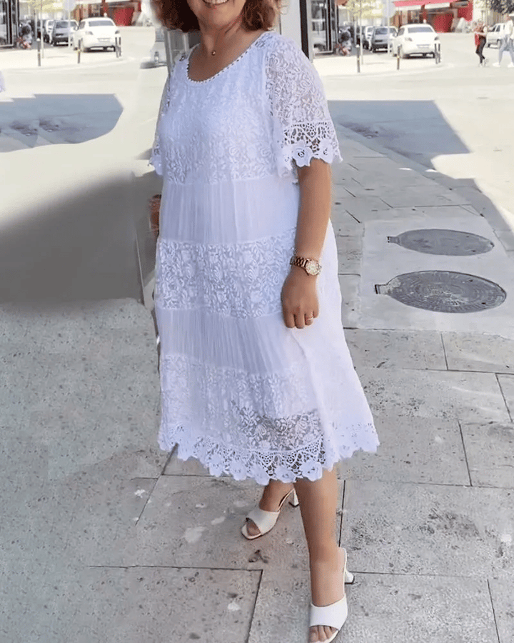ANABEL | WHITE LACE TIERED MIDI DRESS