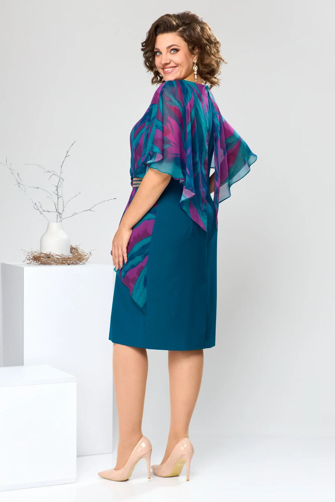 LEONORA | PRINTED CAPE OVERLAY BELTED MIDI DRESS