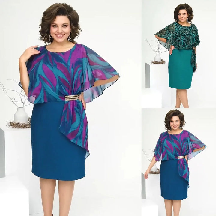 LEONORA | PRINTED CAPE OVERLAY BELTED MIDI DRESS