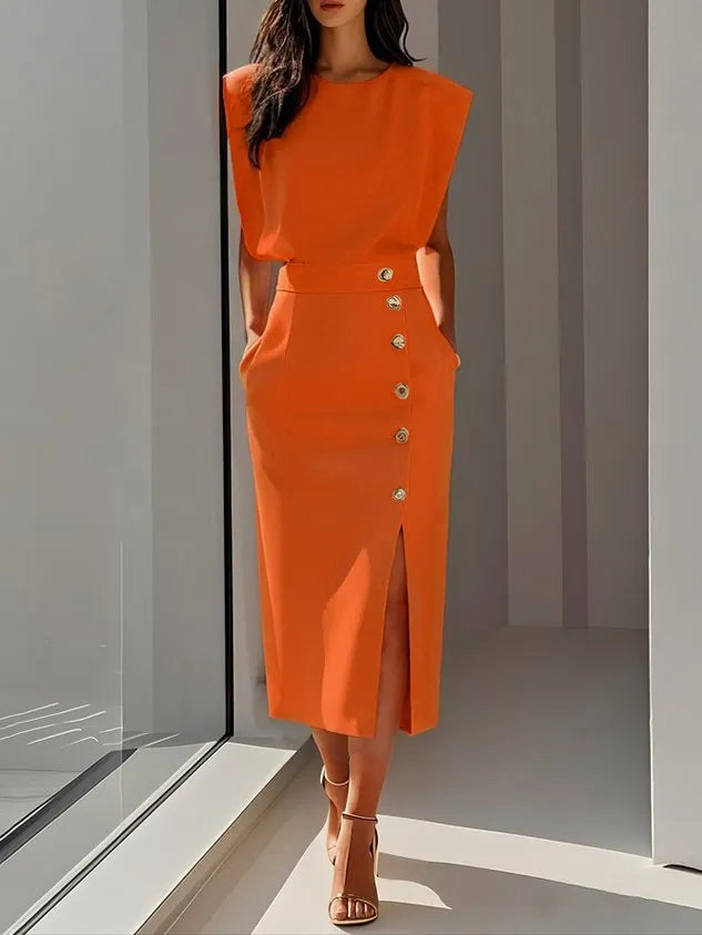 GENEVIEVE | PADDED SHOULDER BUTTON DETAIL MIDI DRESS WITH SLIT