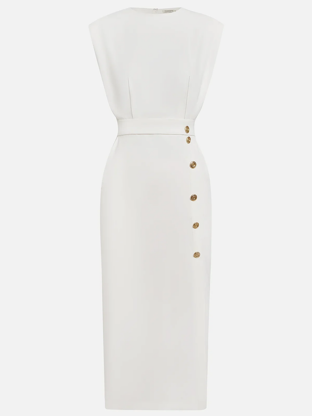 GENEVIEVE | PADDED SHOULDER BUTTON DETAIL MIDI DRESS WITH SLIT