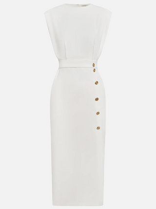 GENEVIEVE | PADDED SHOULDER BUTTON DETAIL MIDI DRESS WITH SLIT