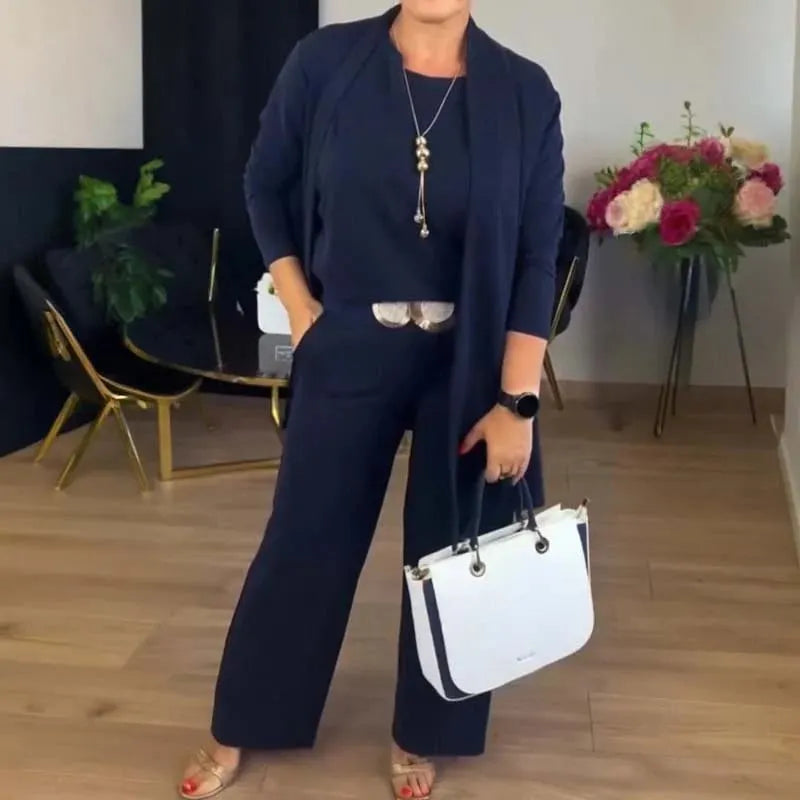 ROSEMARY | ELEGANT THREE-PIECE CARDIGAN, TOP & WIDE-LEG TROUSER SET