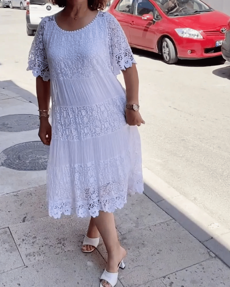 ANABEL | WHITE LACE TIERED MIDI DRESS