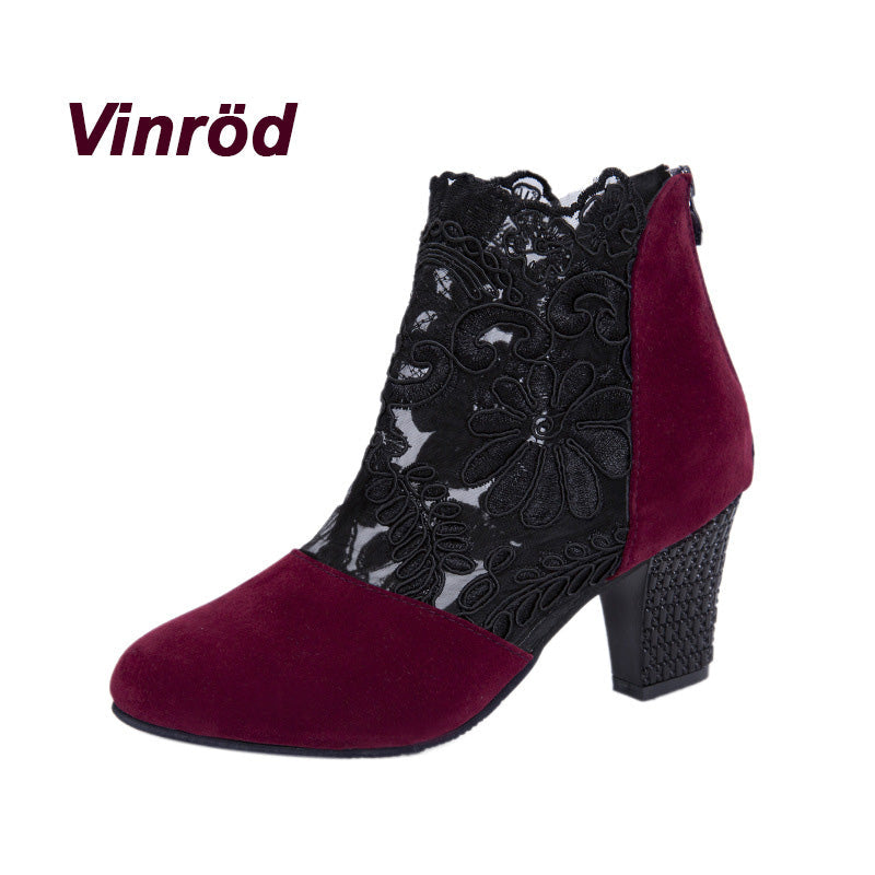 MARILYN | LACE EMBROIDERED BLOCK HEEL ANKLE BOOTS