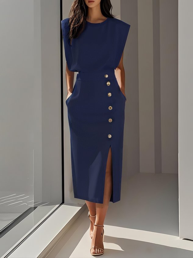 GENEVIEVE | PADDED SHOULDER BUTTON DETAIL MIDI DRESS WITH SLIT