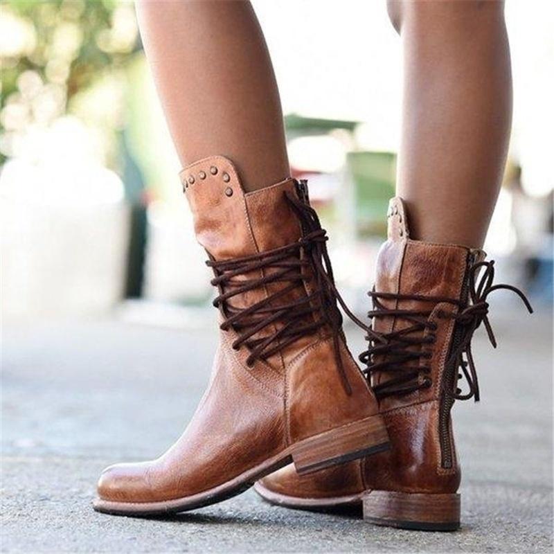 JOAN | VINTAGE LACE-UP STUDDED MID-CALF BOOTS