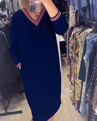 WANDA | SPORTY STRIPE TRIM V-NECK DRESS WITH POCKETS