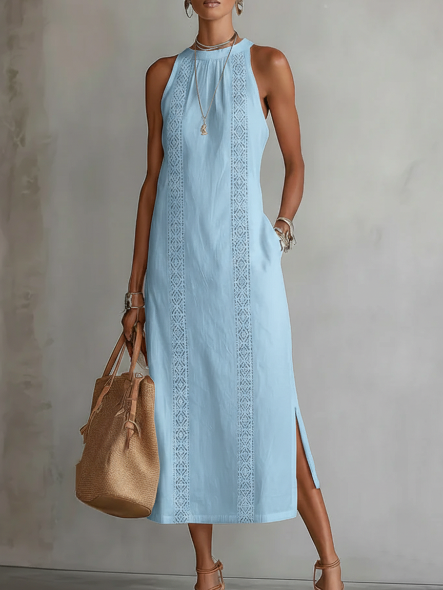 TERESA | RELAXED EMBROIDERED MANDARIN COLLAR MIDI DRESS