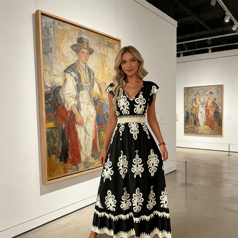 KAREN | BAROQUE MAXI DRESS WITH V-NECK
