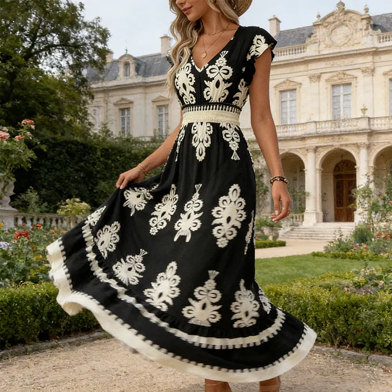 KAREN | BAROQUE MAXI DRESS WITH V-NECK