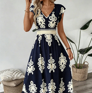 KAREN | BAROQUE MAXI DRESS WITH V-NECK