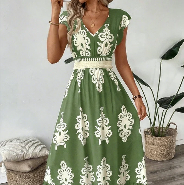 KAREN | BAROQUE MAXI DRESS WITH V-NECK